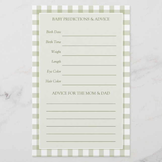 Light Sage Green Gingham Baby Shower Guessing Game (Front)