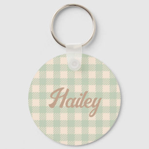 light sage green  gingham checked plaid wedding keychain