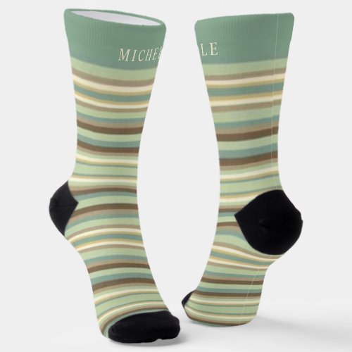 Light Sage Green Lines Striped Custom Name  Socks