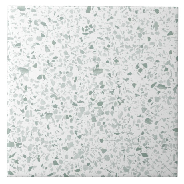 Light Sage Green on White Terrazzo Stone Pattern Ceramic Tile (Front)