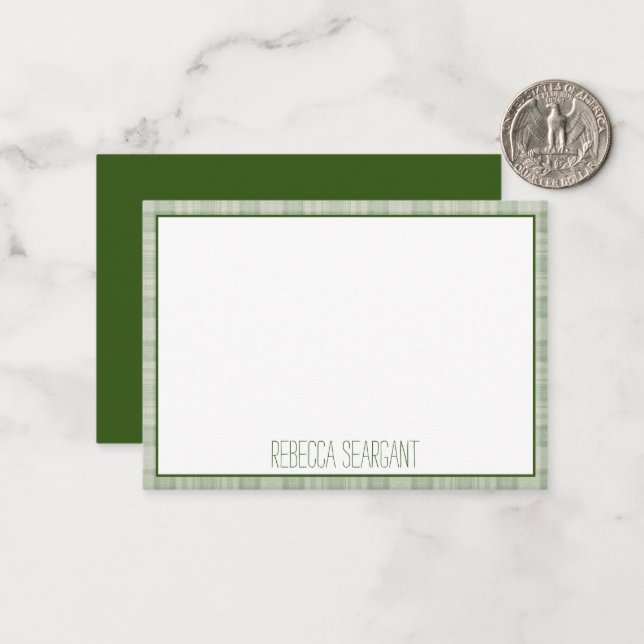 Light sage green plaid border personalized note card (Front/Back In Situ)