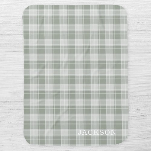 Light Sage Green Plaid Pattern Personalized Baby Blanket