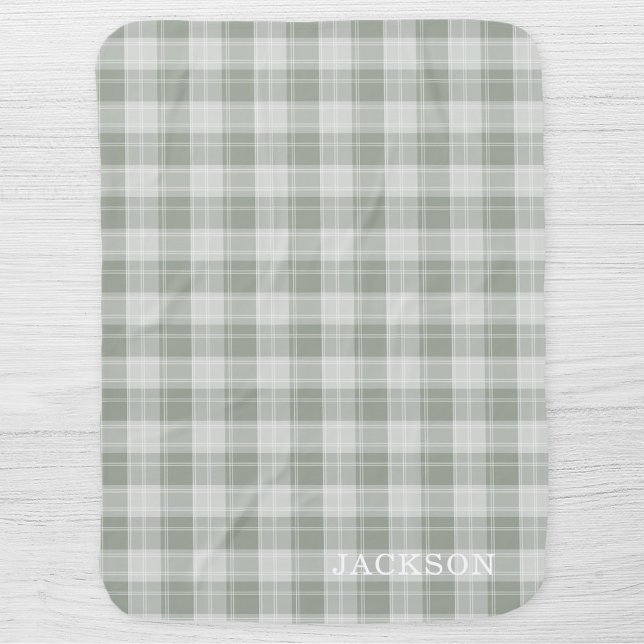 Light Sage Green Plaid Pattern Personalized Baby Blanket (Creator Uploaded)