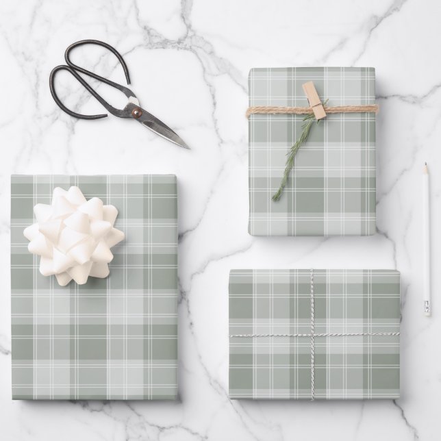 Light Sage Green Plaid Pattern Wrapping Paper Sheets (Front)