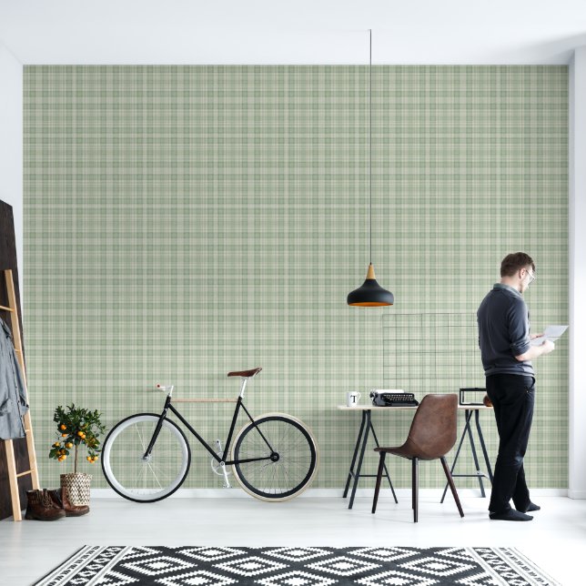 Light sage green plaid wallpaper  (Living Room)