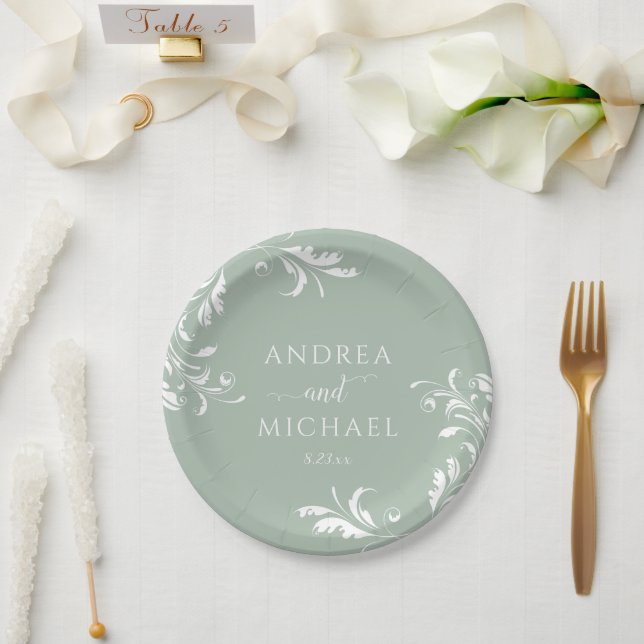 Light Sage Green Wedding Elegant Luxury Flourish Paper Plates (Wedding)