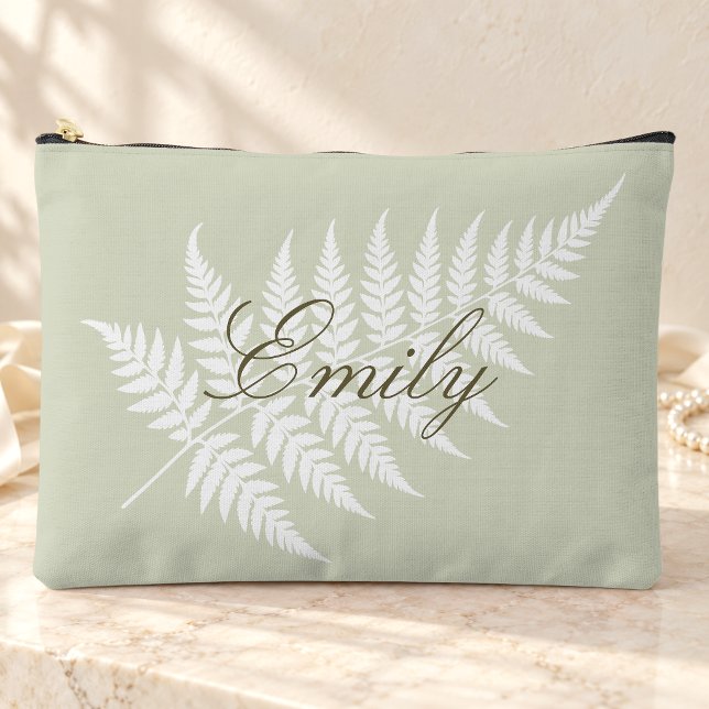 Light Sage Green White Fern Script Name Large Accessory Pouch (Creator Uploaded)