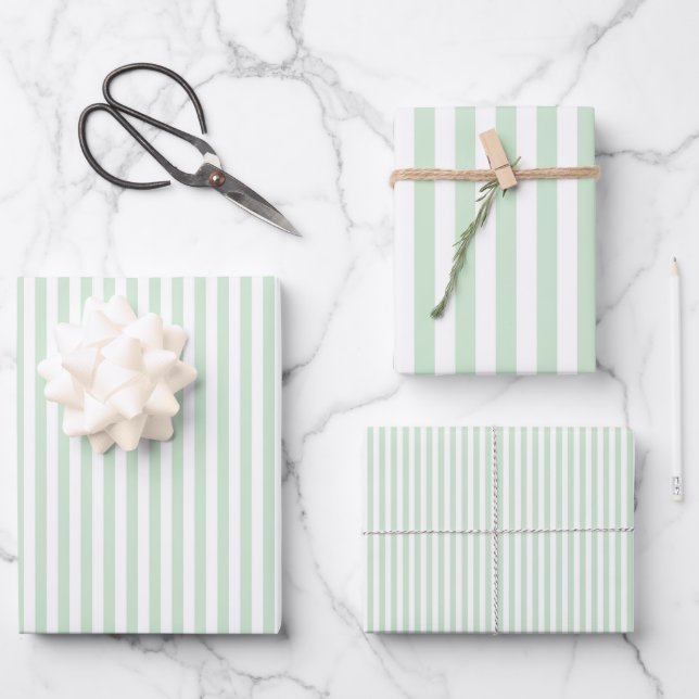 Light Sage Green & White Stripes Wrapping Paper Sheets (Front)