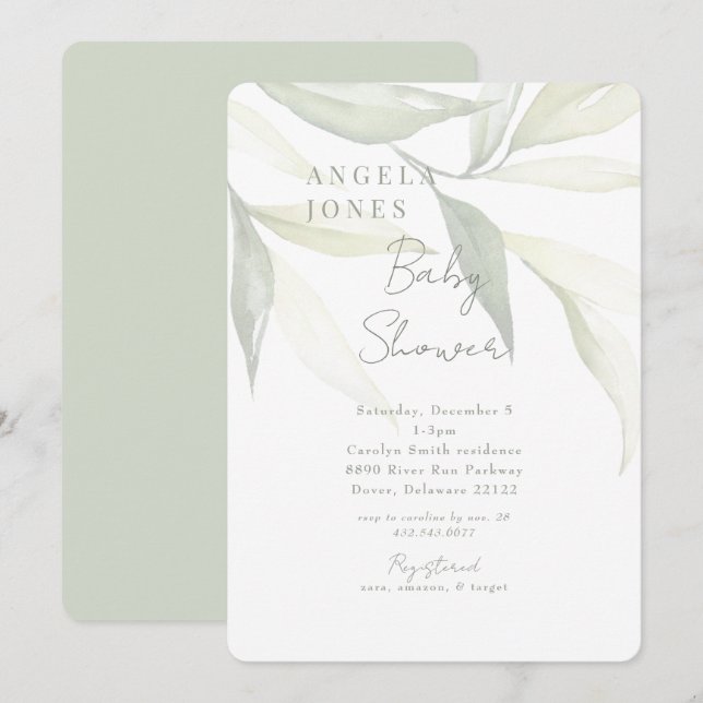 Light Sage Modern Botanical Modern Baby Shower Invitation (Front/Back)