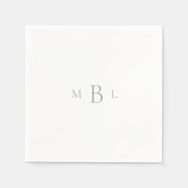 Light Sage Monogram White Elegant Wedding Cocktail Napkins (Front)