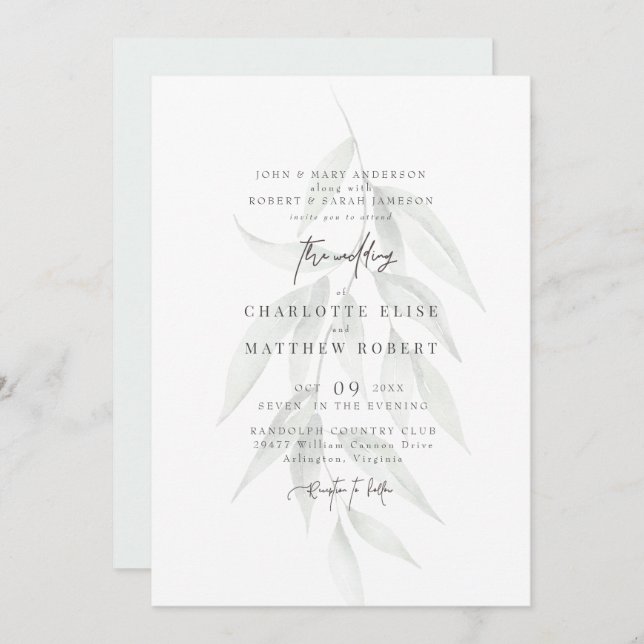 Light Sage Muted Foliage Modern Wedding Invitation (Front/Back)