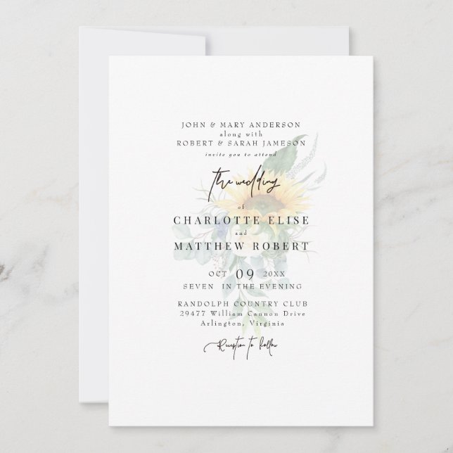 Light Sage Muted Sunflower Modern Wedding Invitation (Front)