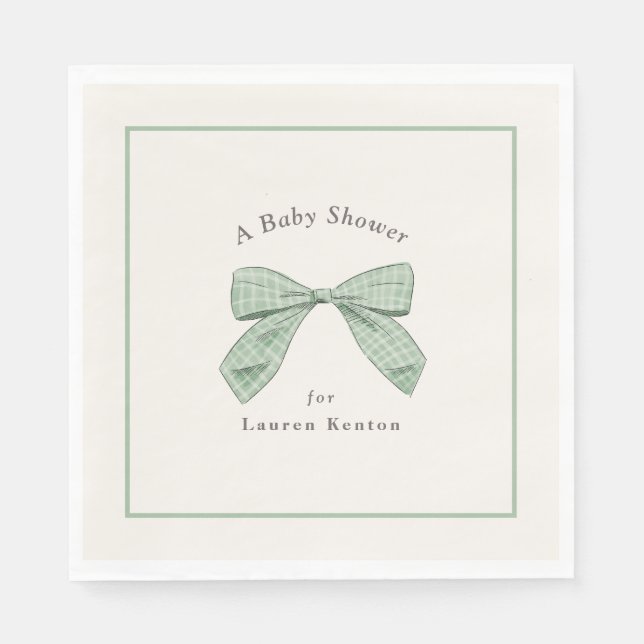 Light Sage Plaid Bow Elegant Boy Baby Shower Napkins (Front)