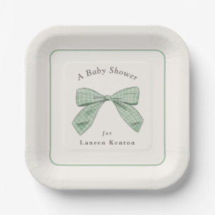 Light Sage Plaid Bow Elegant Boy Baby Shower Paper Plates