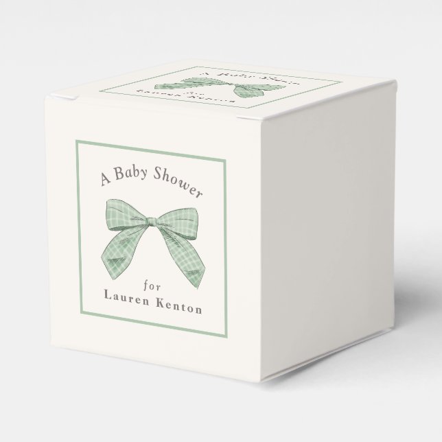 Light Sage Plaid Bow Elegant Neutral Baby Shower Favor Boxes (Front Side)