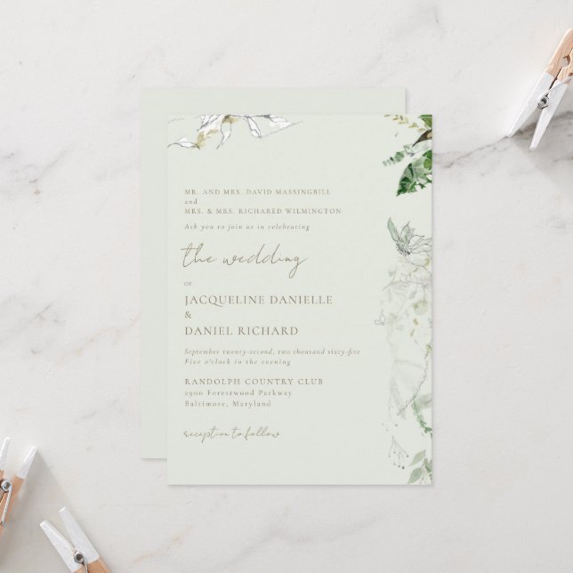 Light Sage Watercolor Foliage Both Parents Wedding Invitation (Front/Back In Situ)
