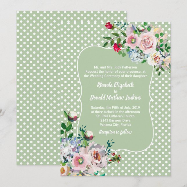 Light Sage with White Dots and Flowers Wedding Invitation (Front/Back)