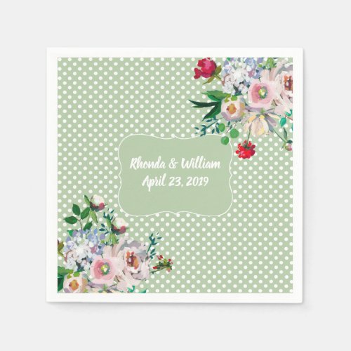Light Sage with White Dots and Flowers Wedding Napkins