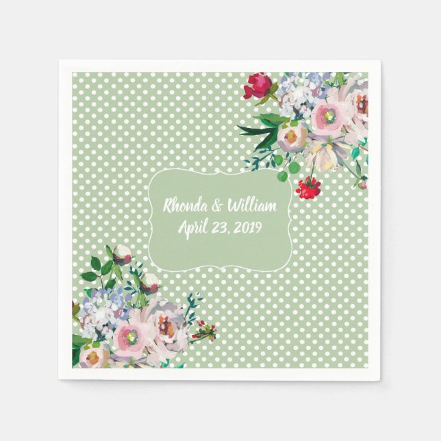 Light Sage with White Dots and Flowers Wedding Napkins (Front)