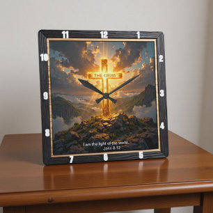 Light Salvation Cross Mountain Golden John 8:12 Square Wall Clock