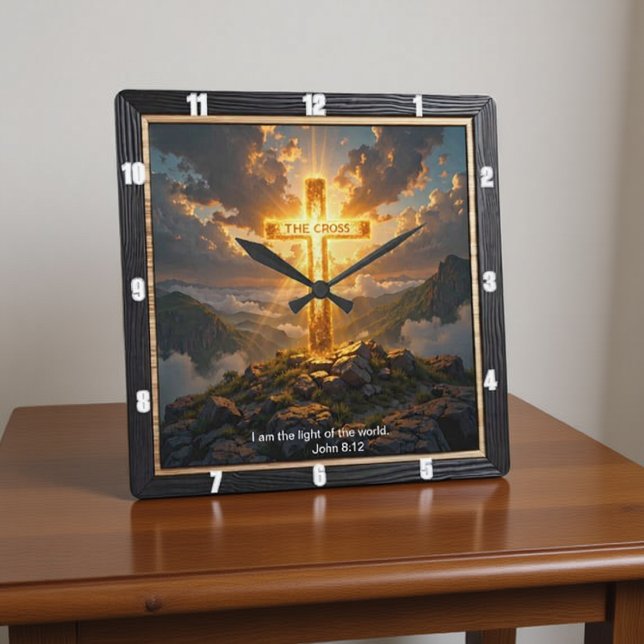 Light Salvation Cross Mountain Golden John 8:12 Square Wall Clock (Creator Uploaded)