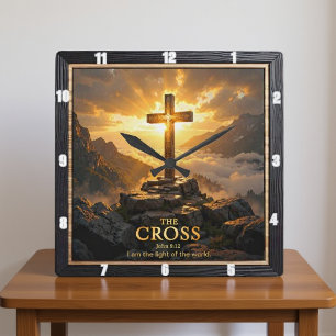 Light Salvation Cross Mountain Wooden Fog John 8:1 Square Wall Clock