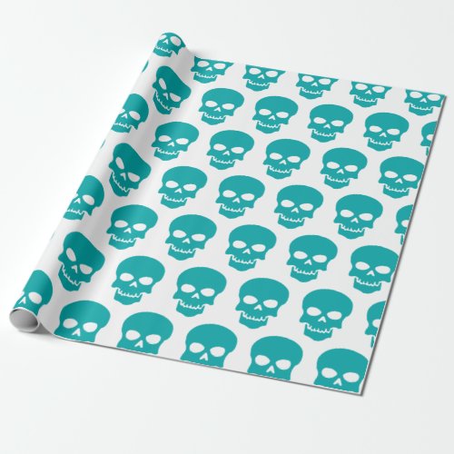 Light Sea Green on White Skulls Wrapping Paper