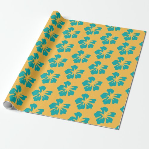 Light Sea Green on Yellow Hibiscus Wrapping Paper