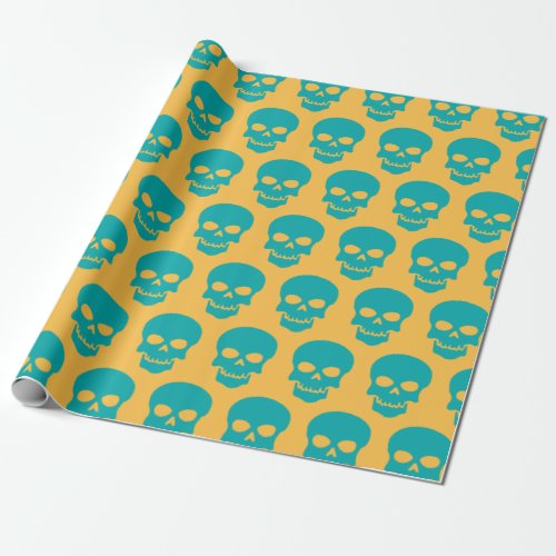 Light Sea Green on Yellow Skulls Wrapping Paper