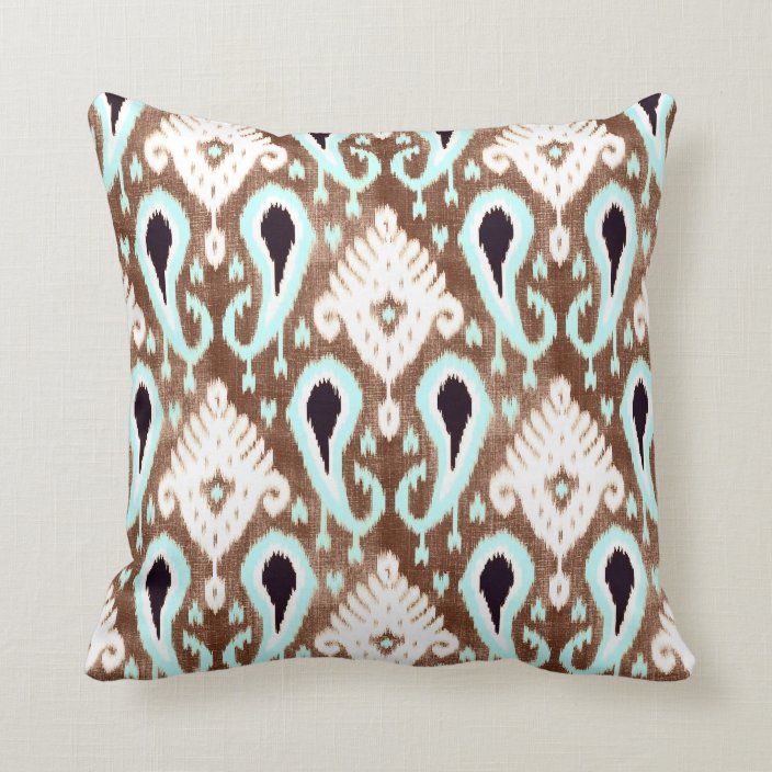 Light Seafoam Green Dark Brown Ikat Tribal Pattern Throw Pillow