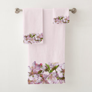 Light Shade of Pink with Spring Blossom Border Bath Towel Set