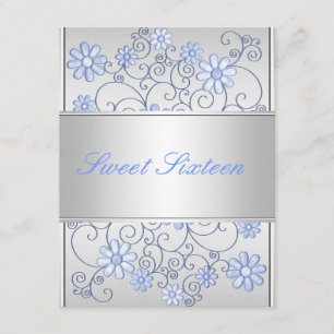 Light Silver Metal Pale Blue Flowers 16th Birthday Invitation