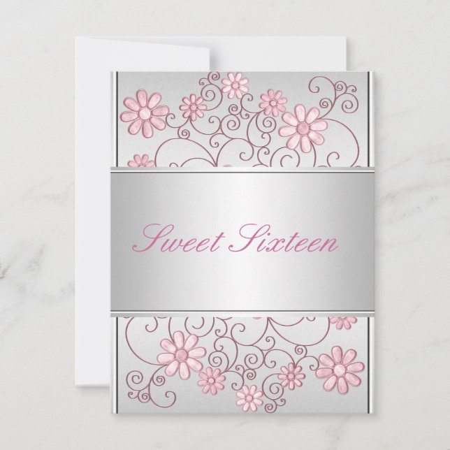Light Silver Metal Pale Pink Flowers 16th Birthday Invitation (Front)