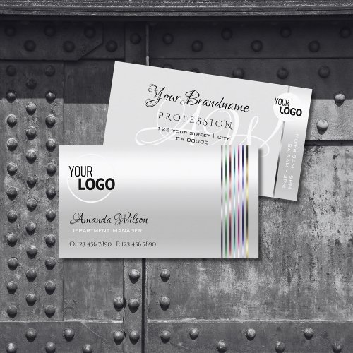 Light Silver Shimmer Effect with Logo and Monogram Business Card