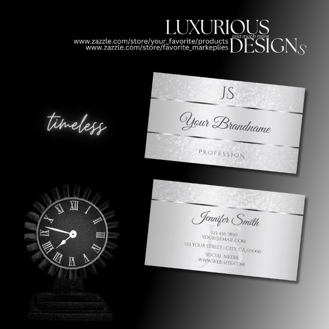 Light Silver Sparkle Soft Glitter and Initials Business Card (Creator Uploaded)