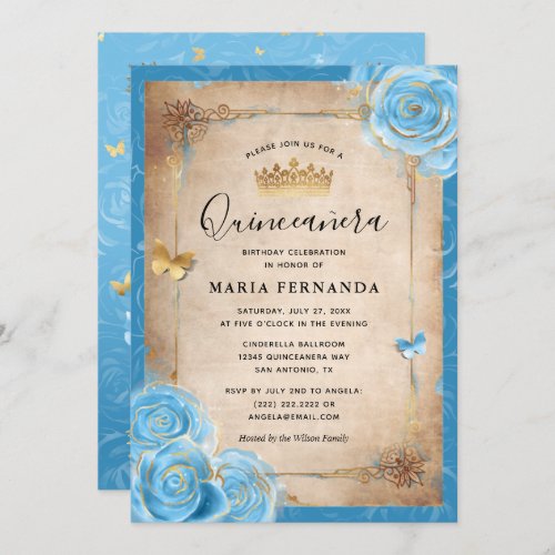 Light Sky Blue and Gold Rose Elegant Quinceanera Invitation