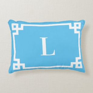 Light Sky Blue and White Greek Key Border Monogram Accent Pillow