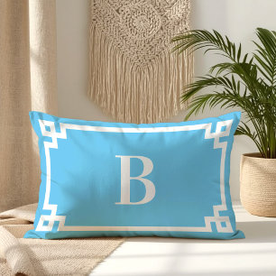 Light Sky Blue and White Greek Key Border Monogram Lumbar Pillow