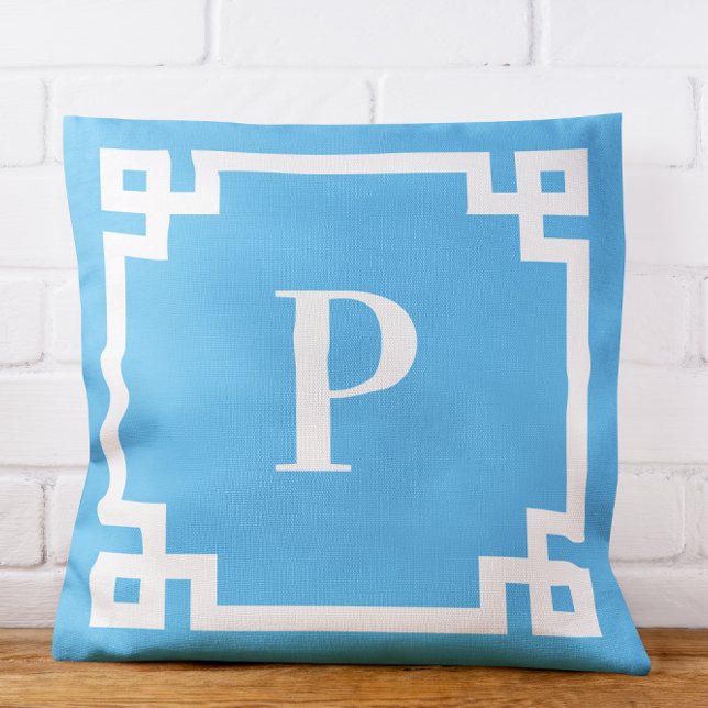 Light Sky Blue and White Greek Key Border Monogram Throw Pillow (Light Sky Blue and White Greek Key Border Monogram Throw Pillow)