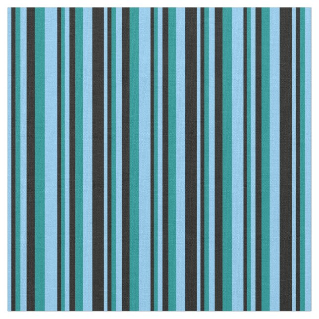 Light Sky Blue, Black & Dark Cyan Pattern Fabric (Close Up)