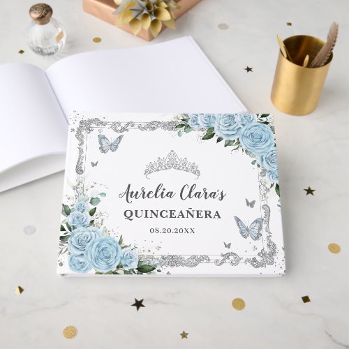 Light Sky Blue Floral Butterflies Quincea&#241;era Guest Book