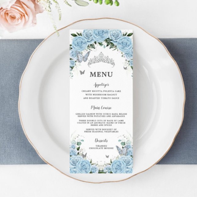 Light Sky Blue Floral Butterflies Quinceañera Menu (Creator Uploaded)