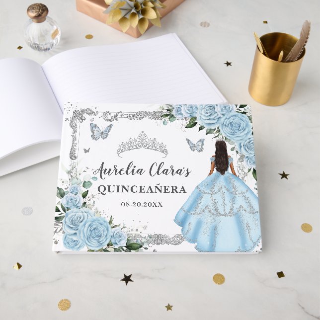 Light Sky Blue Floral Princess Gown 15 Quinceañera Guest Book (Front Open)