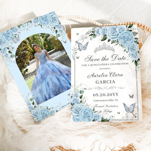 Light Sky Blue Floral Sweet 16 Quinceaera Photo Save The Date