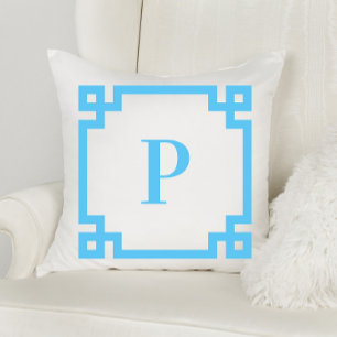 Light Sky Blue Greek Key Border Monogram Throw Pillow