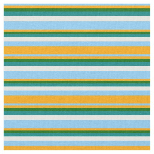 Light Sky Blue, Orange, Dark Green, Teal & White Fabric