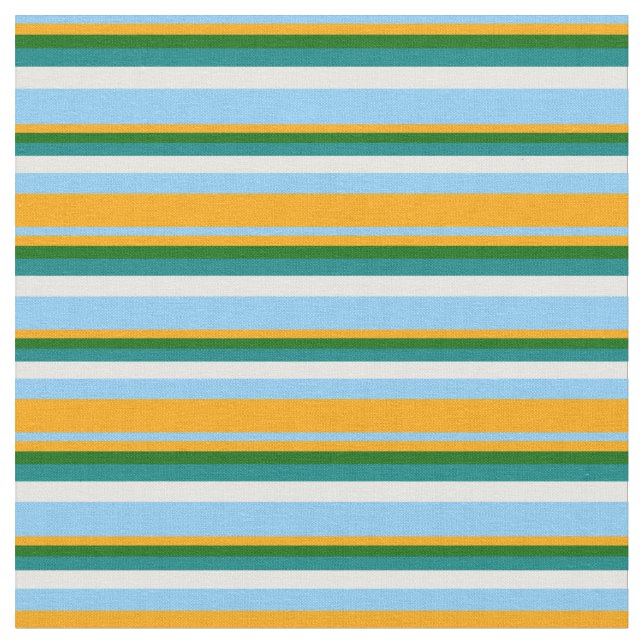 Light Sky Blue, Orange, Dark Green, Teal & White Fabric (Close Up)