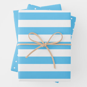 Light Sky Blue Polka Dot Wide Striped and Solid Wrapping Paper Sheets