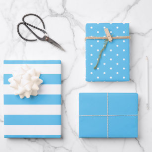 Light Sky Blue Polka Dot Wide Striped and Solid Wrapping Paper Sheets