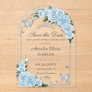 Light Sky Blue Rose Floral Sweet 16 15 Quinceañera Acrylic Invitations